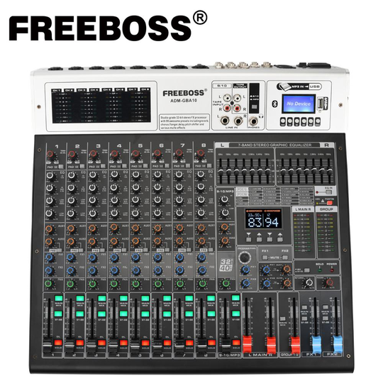 Freeboss ADM-GBA10 10 Channel 48V Phantom Power Repaeat Effect USB Play & Record Bluetooth Karaoke DJ console 99DSP Mixer Audio