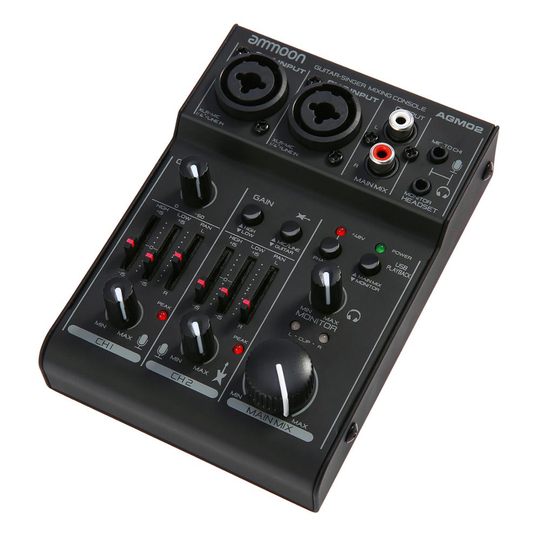 ammoon AGM02 Mini 2-Channel Sound Card Mixing Console Digital Audio Mixer 2-band EQ Built-in 48V Phantom Power for Live Karaoke